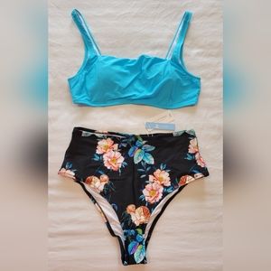 Cupshe Blue and Floral High Waisted Bikini, Size XXL